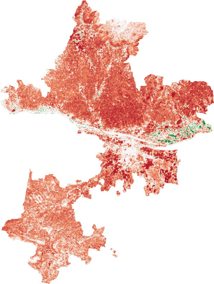 NDVI change map of Tiruchirappalli district from December to March, mostly red for loss
